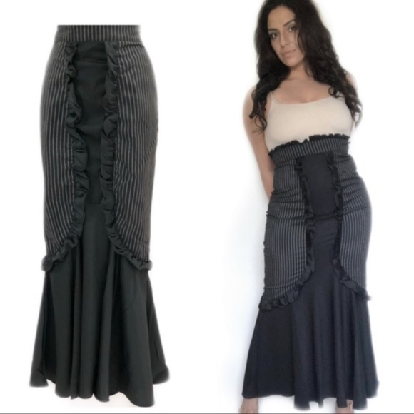 Victorian Black Pinstripe Bow Gothic Mermaid Skirt - Picture 3 of 8